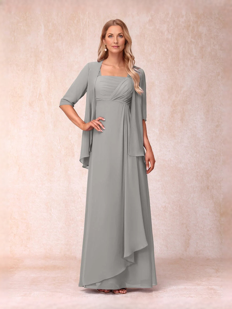 Grey chiffon A-line dress with square neckline, ruched bodice, layered skirt, 3/4 sleeves.
