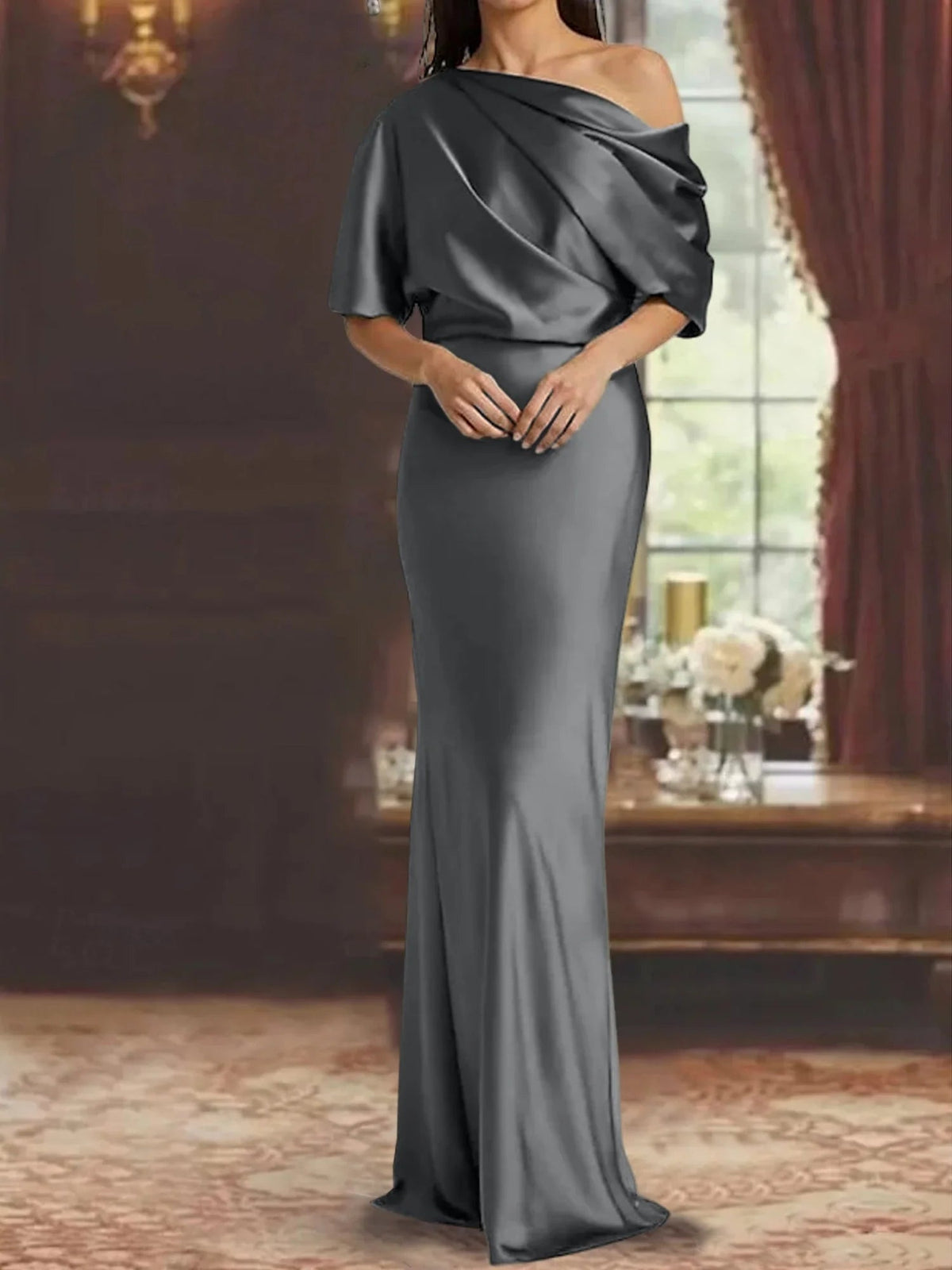 Dark gray one-shoulder draped satin mermaid gown, floor-length with sculpted waist