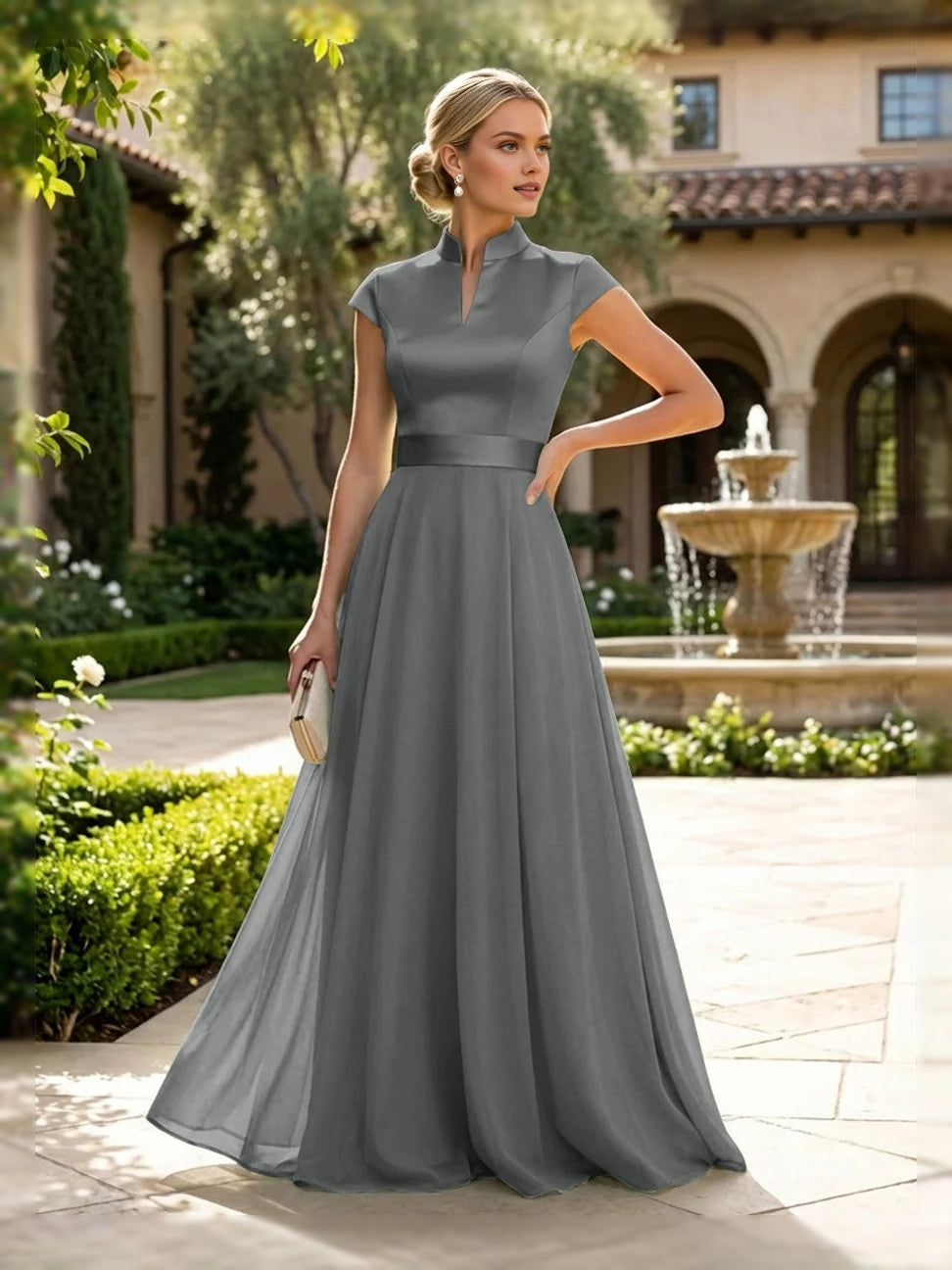 Grey satin A-line dress with sleeveless high neck and floor length