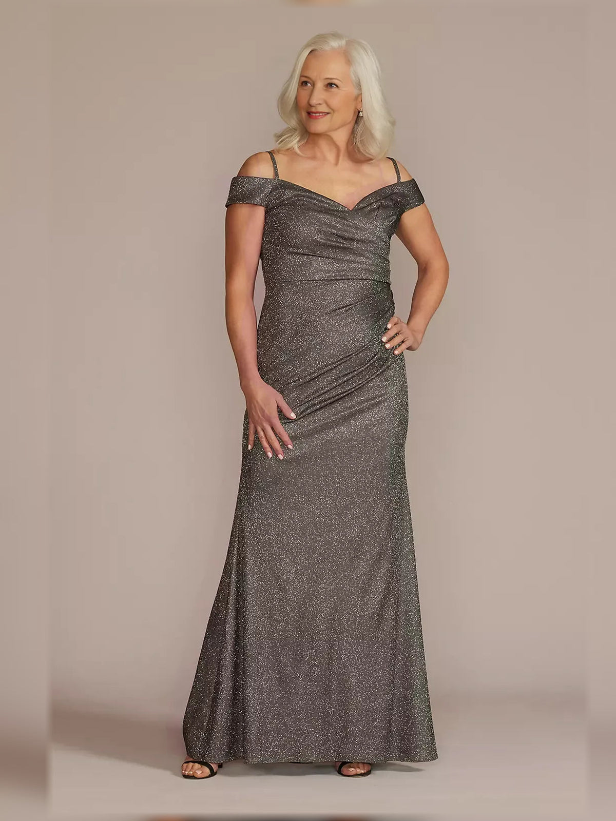 Dark grey glitter off-shoulder ruched sheath floor-length gown with side straps