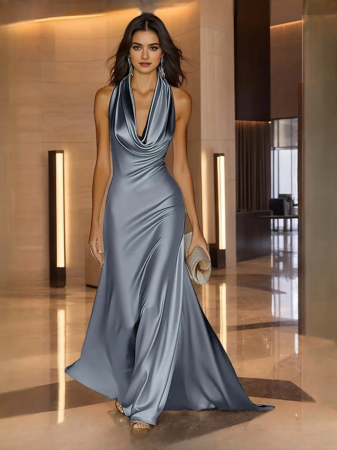 Grey satin mermaid prom dress with V-neck drape and pearl beaded neckline