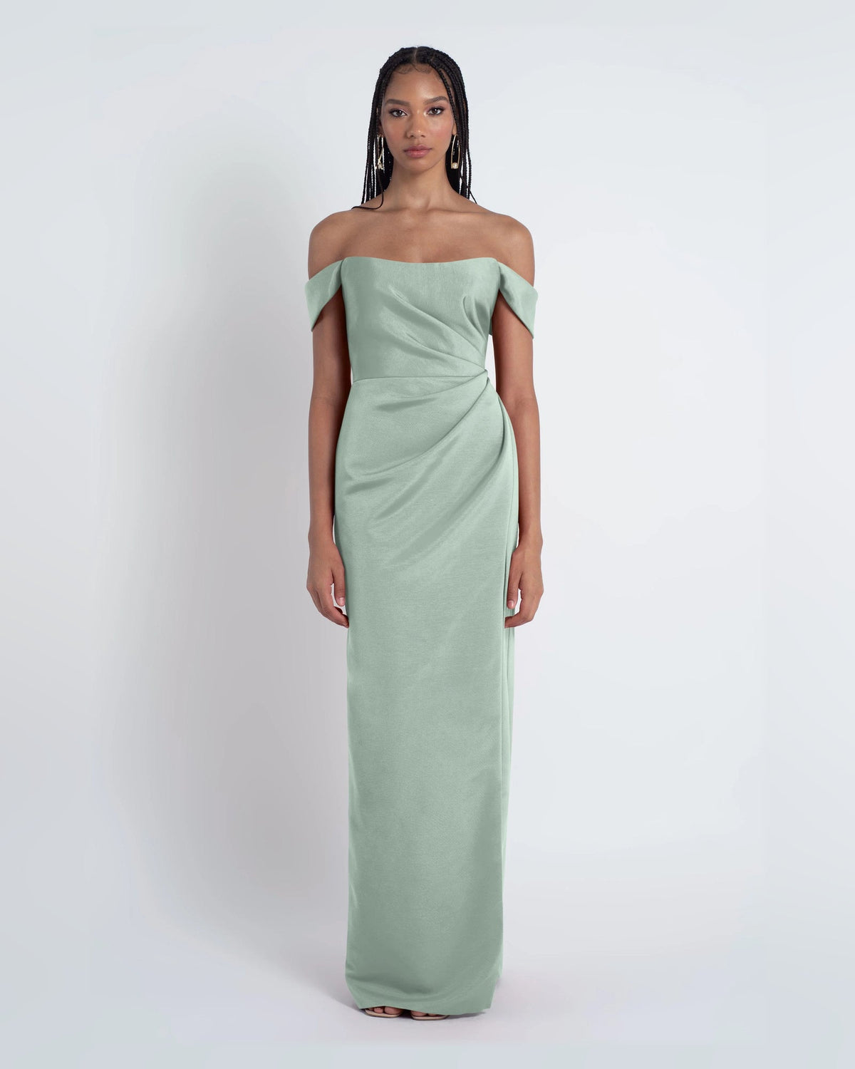 Light gray off-shoulder A-line formal maxi dress with draped waist