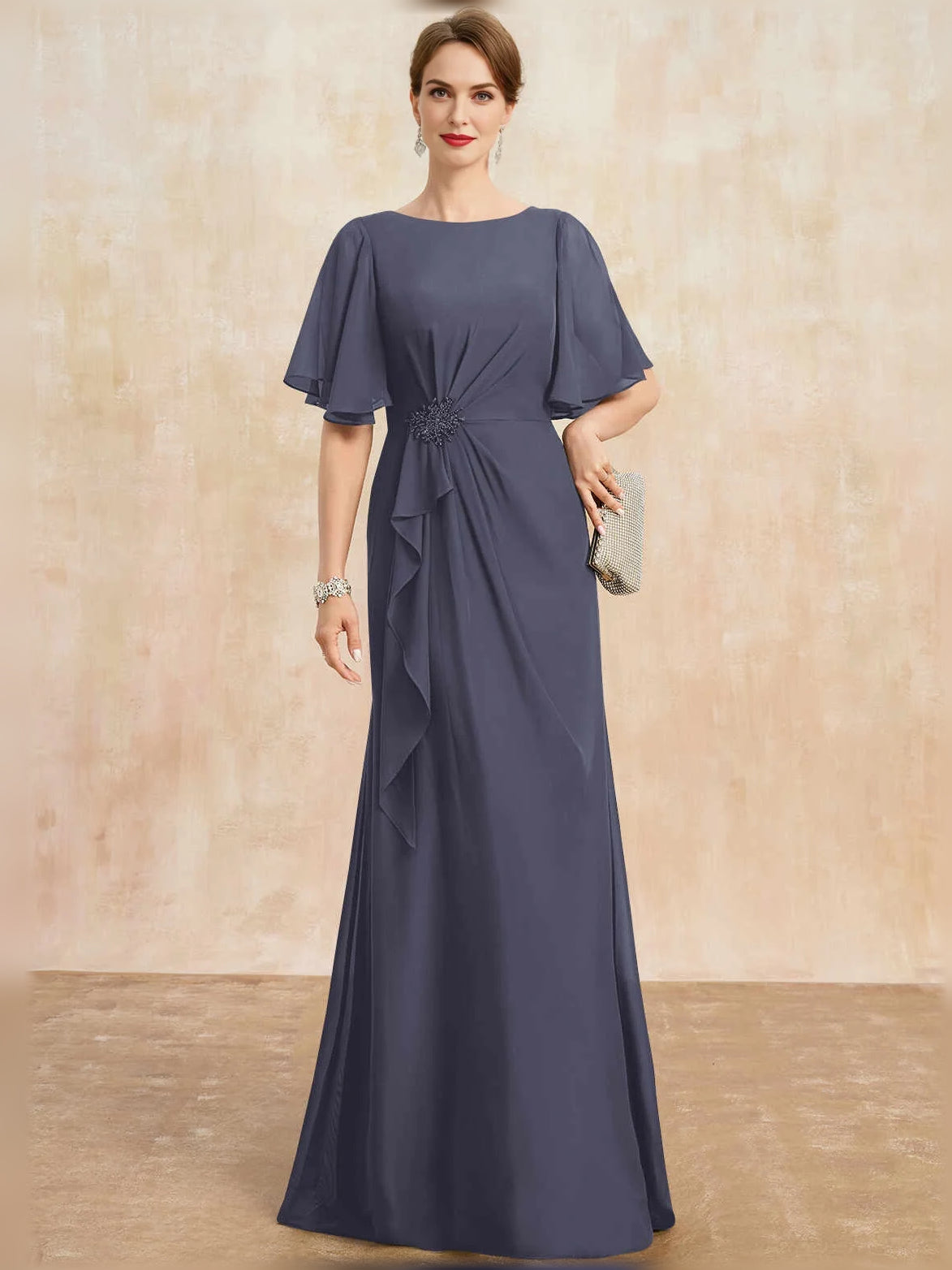 Steel grey floor-length draped sheath dress with short flutter sleeves and pleated front