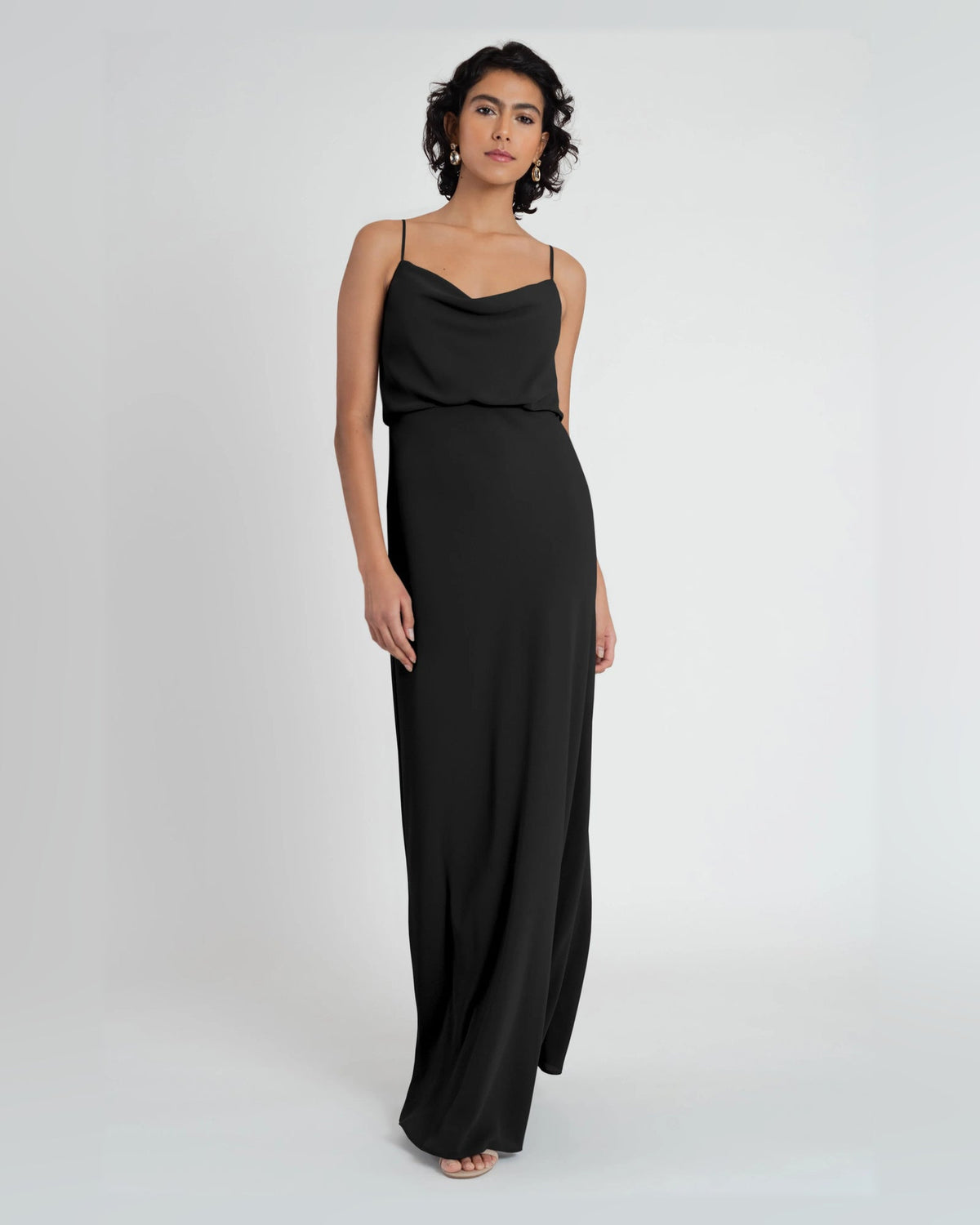 Black draped cowl-neck A-line floor-length dress with spaghetti straps