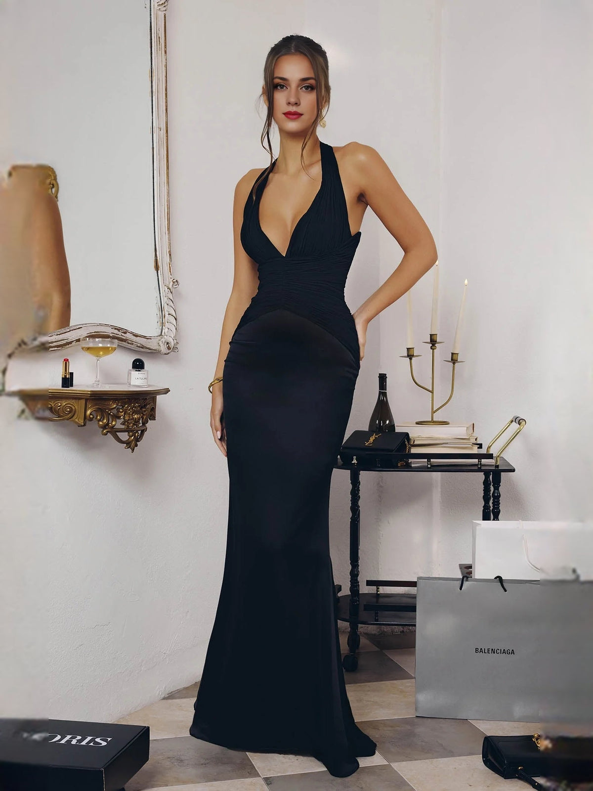 Black halter neck ruched formal dress with open back, floor-length