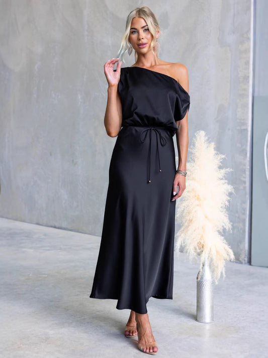 Black one-shoulder sheath maxi dress with gathered waist tie