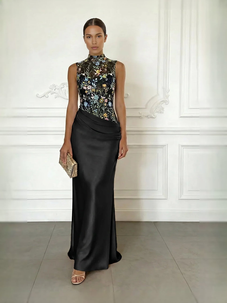Black satin mermaid mother-of-the-bride dress with high neck floral embroidery