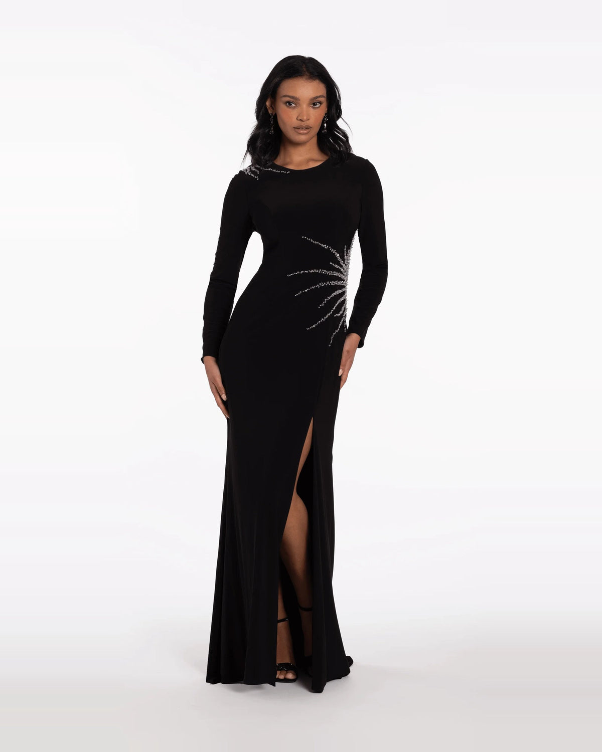 Black beaded jewel-neck column maxi prom dress with long sleeves and front slit