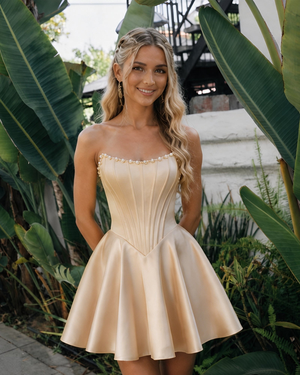 Champagne satin strapless corset dress with pearl trim and flared homecoming skirt