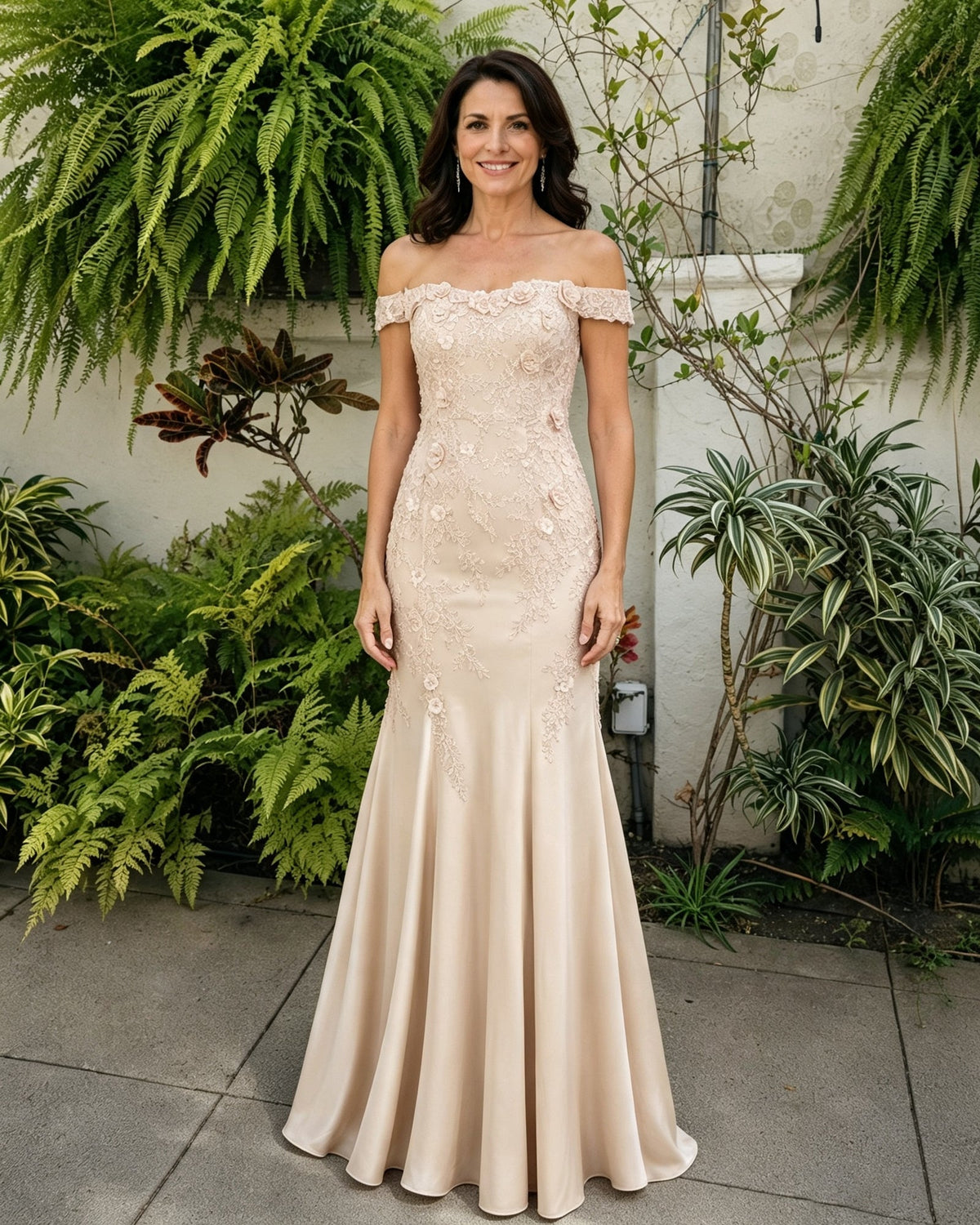 Off-shoulder lace mermaid dress in cream with scalloped neckline and trumpet skirt