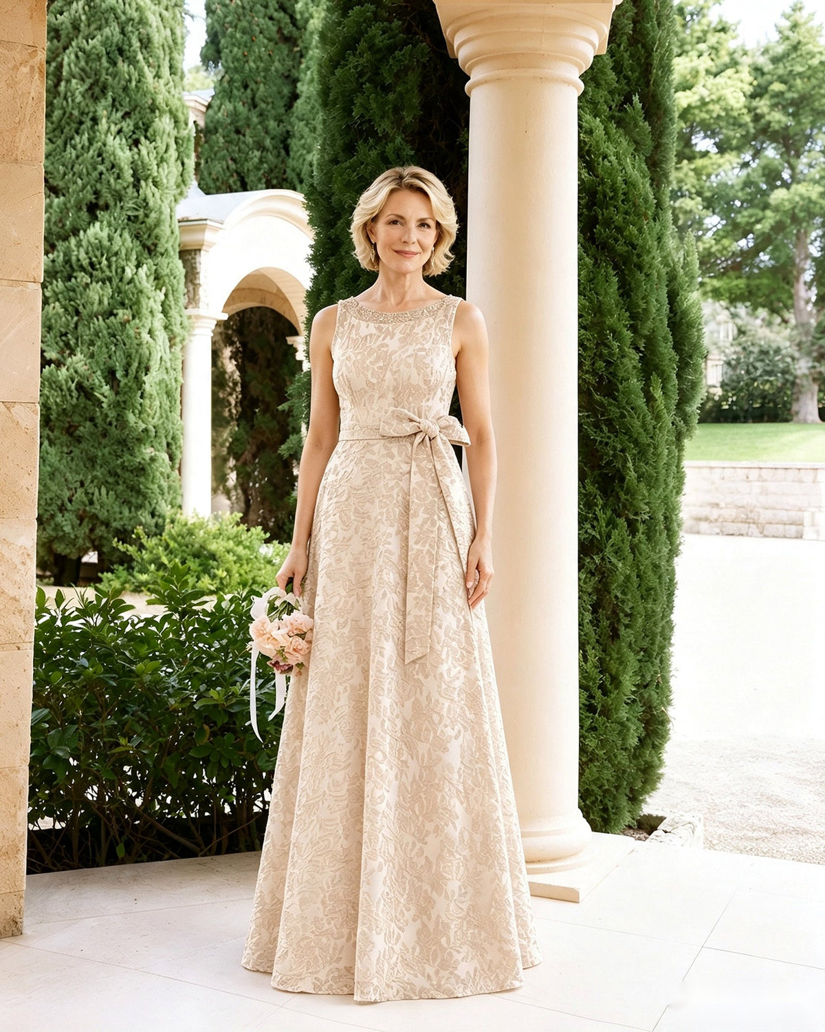 Sleeveless lace A-line mother-of-the-bride dress with tie sash bow, light ivory beige.