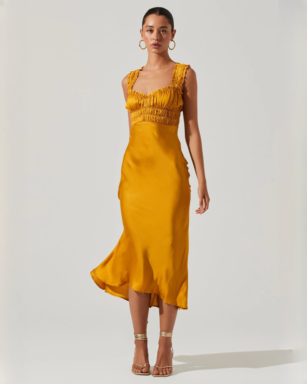 Yellow satin A-line midi dress with ruched square neckline, sleeveless fit