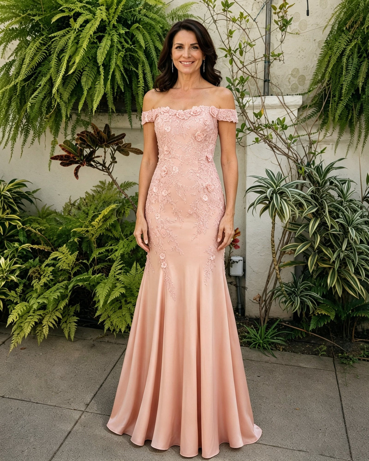 Off-shoulder lace mermaid dress in blush pink with scalloped neckline and trumpet skirt
