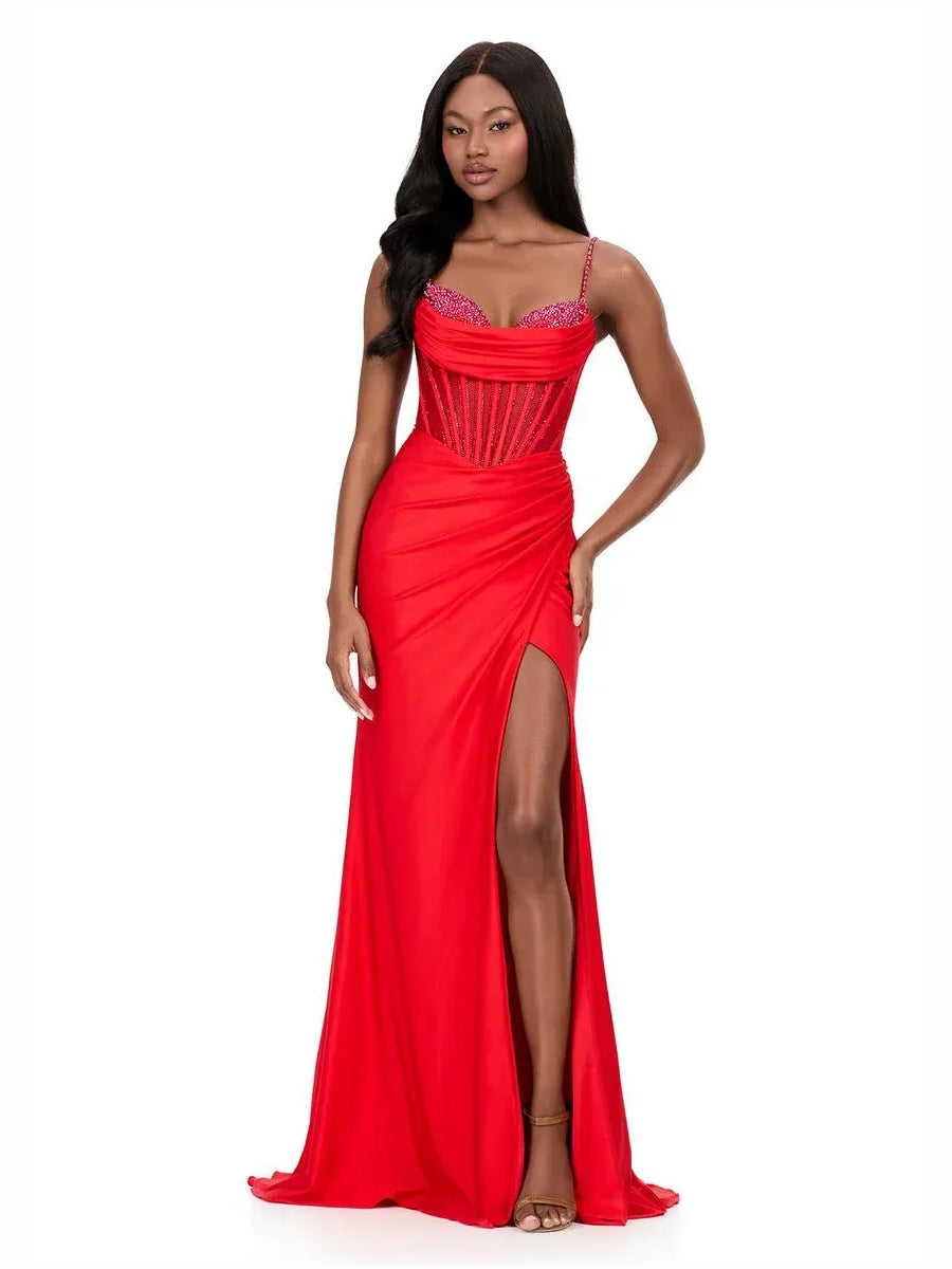 Sweetheart corset mermaid formal dress with spaghetti straps, red front slit