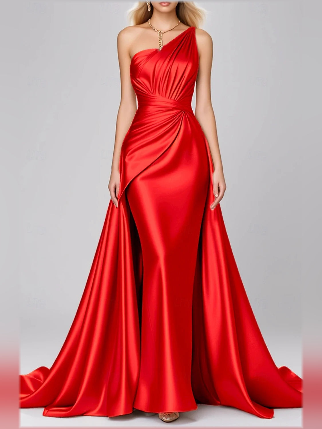 One-shoulder satin mermaid formal dress, red, front view with ruched shoulder detail