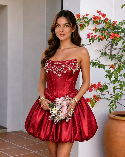 Strapless red beaded corset dress with embellished neckline and bubble skirt hem