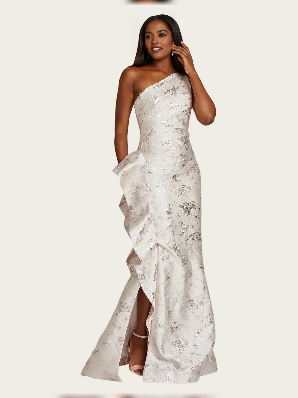 Ivory one-shoulder mermaid maxi satin dress with ruffled side slit and draped overlay