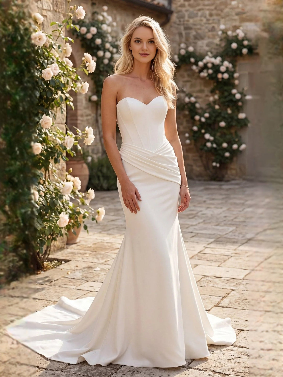 Ivory satin sweetheart mermaid wedding dress with draped waist and sweeping train