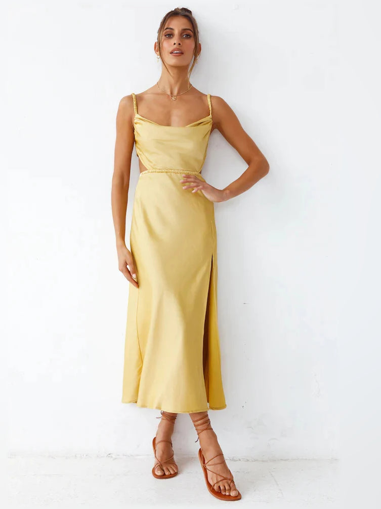Yellow spaghetti-strap midi formal slip dress with square neckline and side slit
