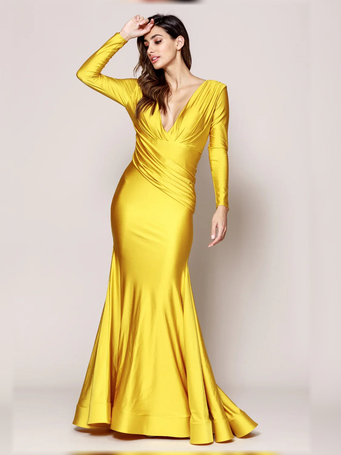 Floor-length ruched V-neck long-sleeve formal dress in bright yellow satin