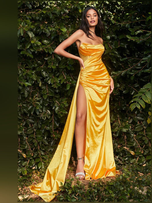 Yellow strapless ruched formal dress with thigh slit and floor-length skirt