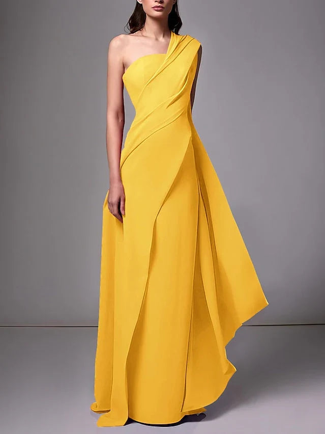 One-shoulder yellow formal dress with asymmetrical drape, A-line floor-length skirt