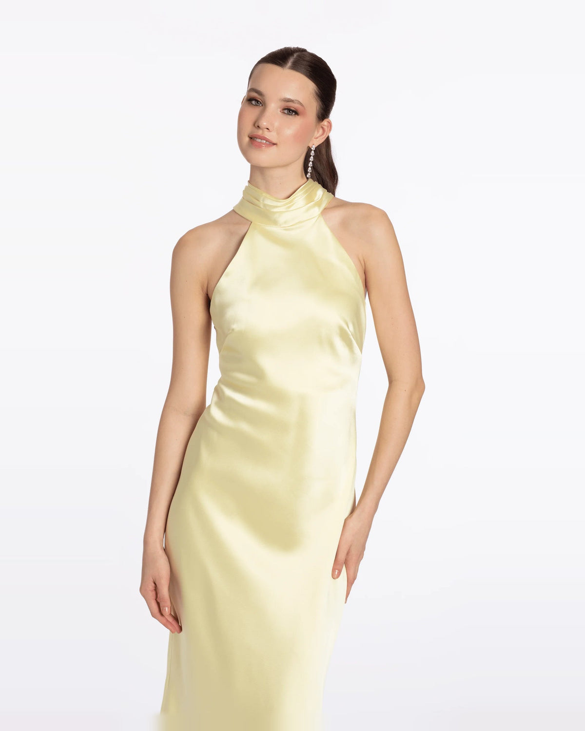 Yellow ruched halter-neck column maxi prom dress, sleeveless with smooth draped skirt