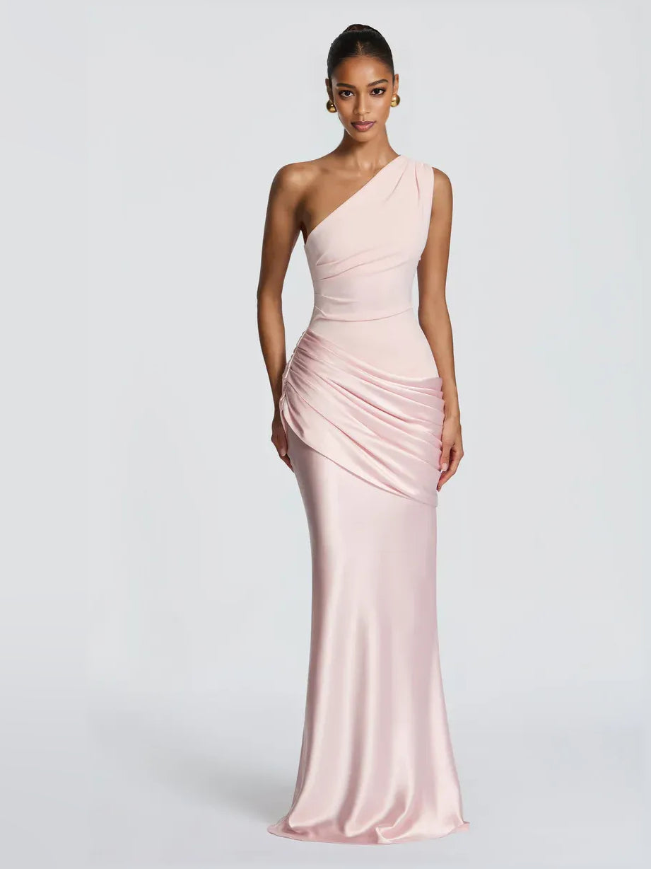 Light pink satin one-shoulder ruched mermaid maxi formal dress with side drape