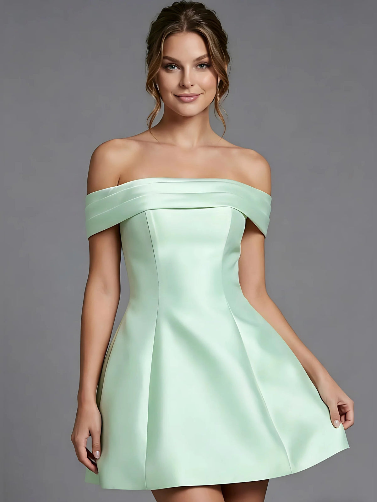 Mint green satin off-shoulder mini A-line dress with corset-style bodice