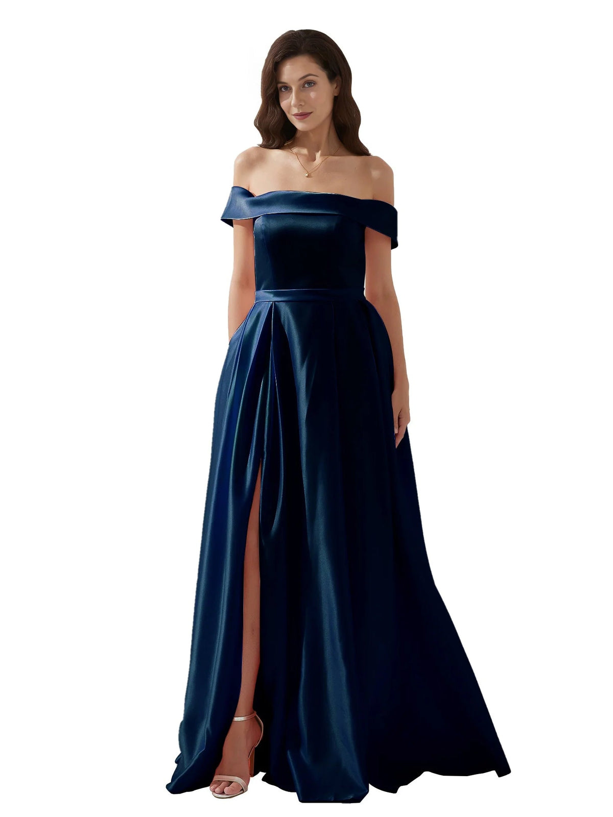 Dark blue off-shoulder formal dress with open back, fitted bodice and side slit, floor-length