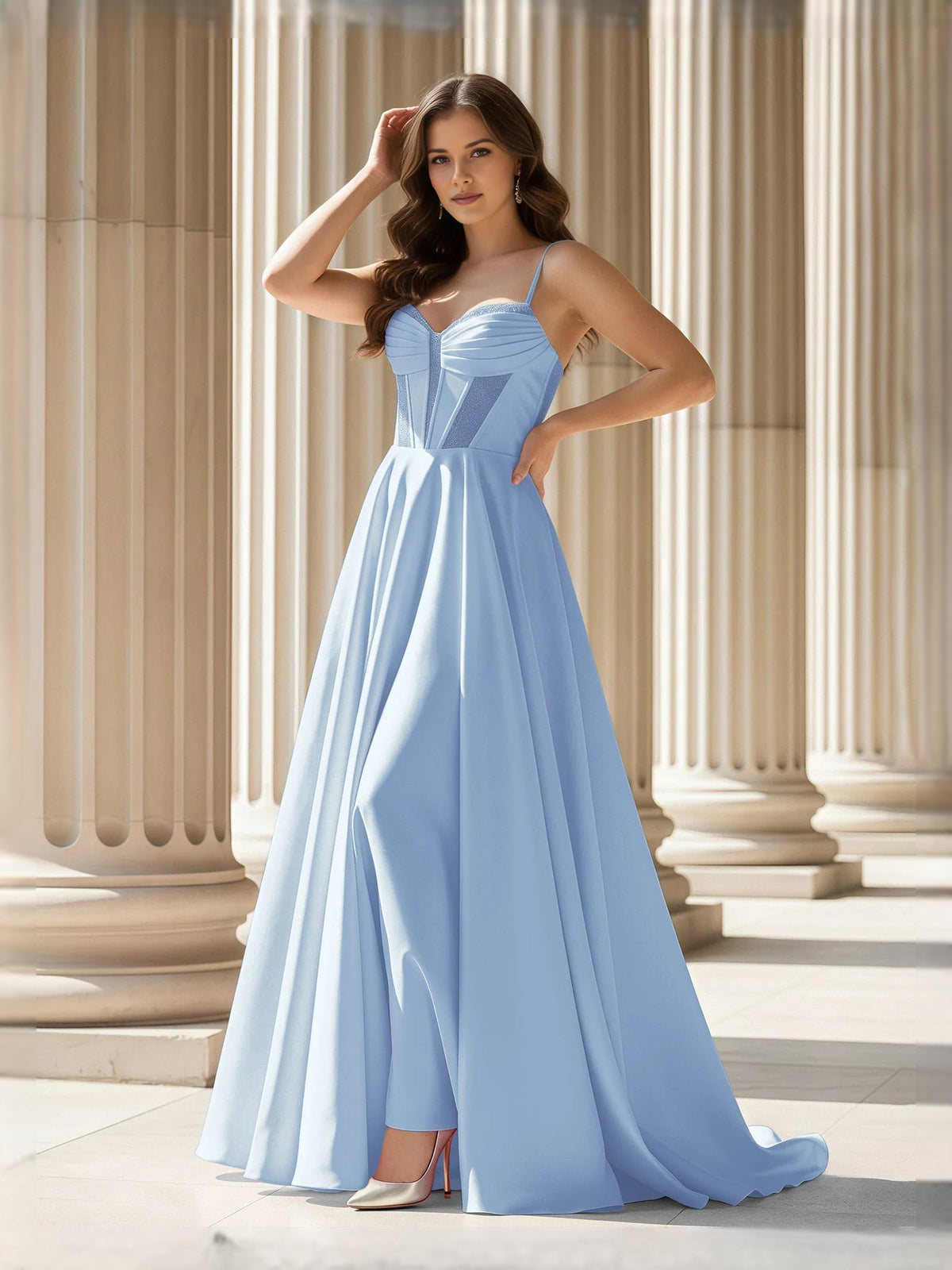 Light blue sweetheart corset A-line satin prom dress with spaghetti straps, floor length