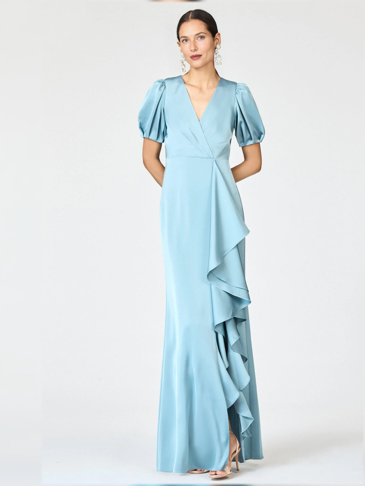 Light blue V-neck puff-sleeve ruffle maxi formal dress with asymmetrical ruffle tiers