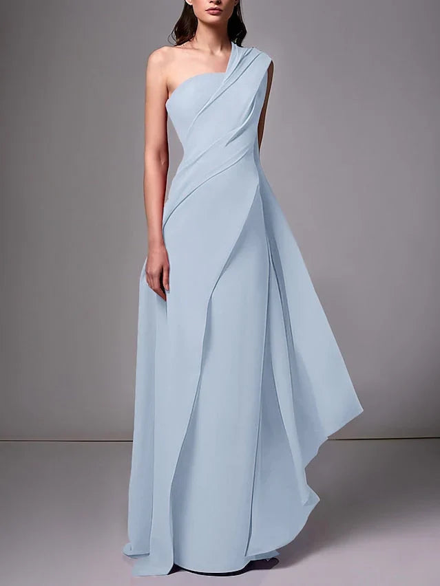 One-shoulder light blue formal dress with asymmetrical drape, A-line floor-length skirt