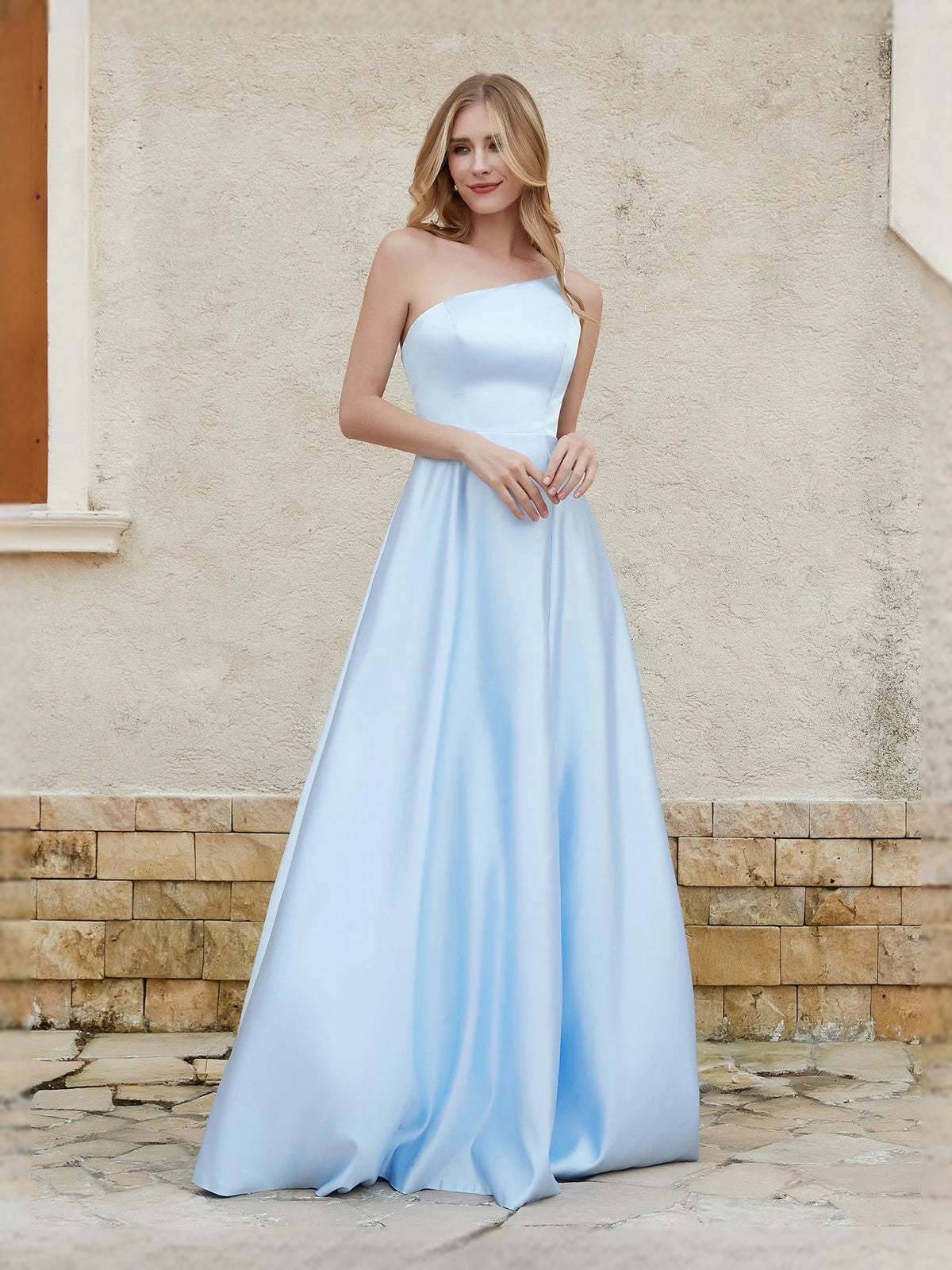 Sky blue one-shoulder satin A-line prom dress, fitted bodice and flowing floor-length skirt