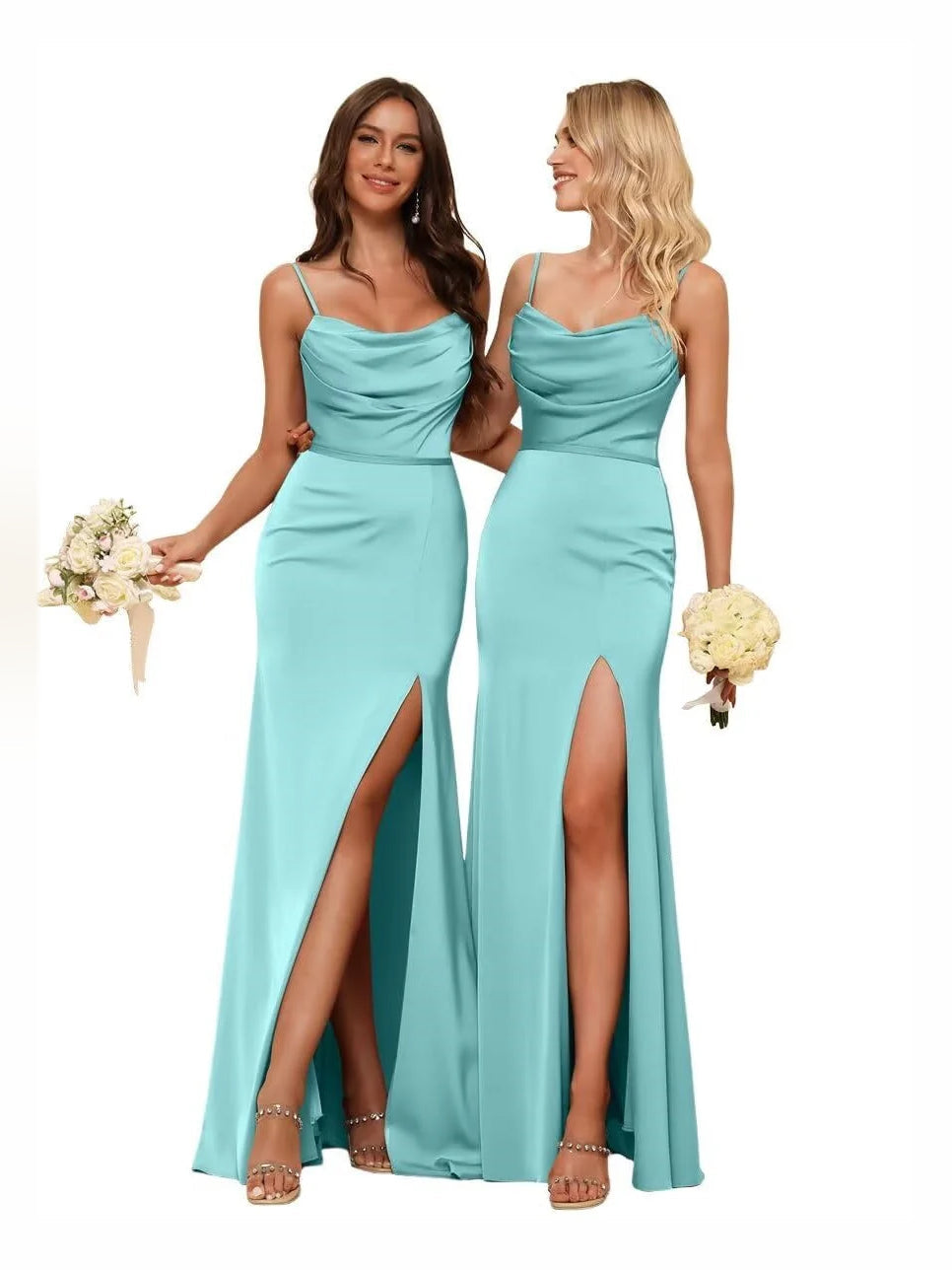 Cowl neck satin bridesmaid dress, sleeveless, teal, front slit