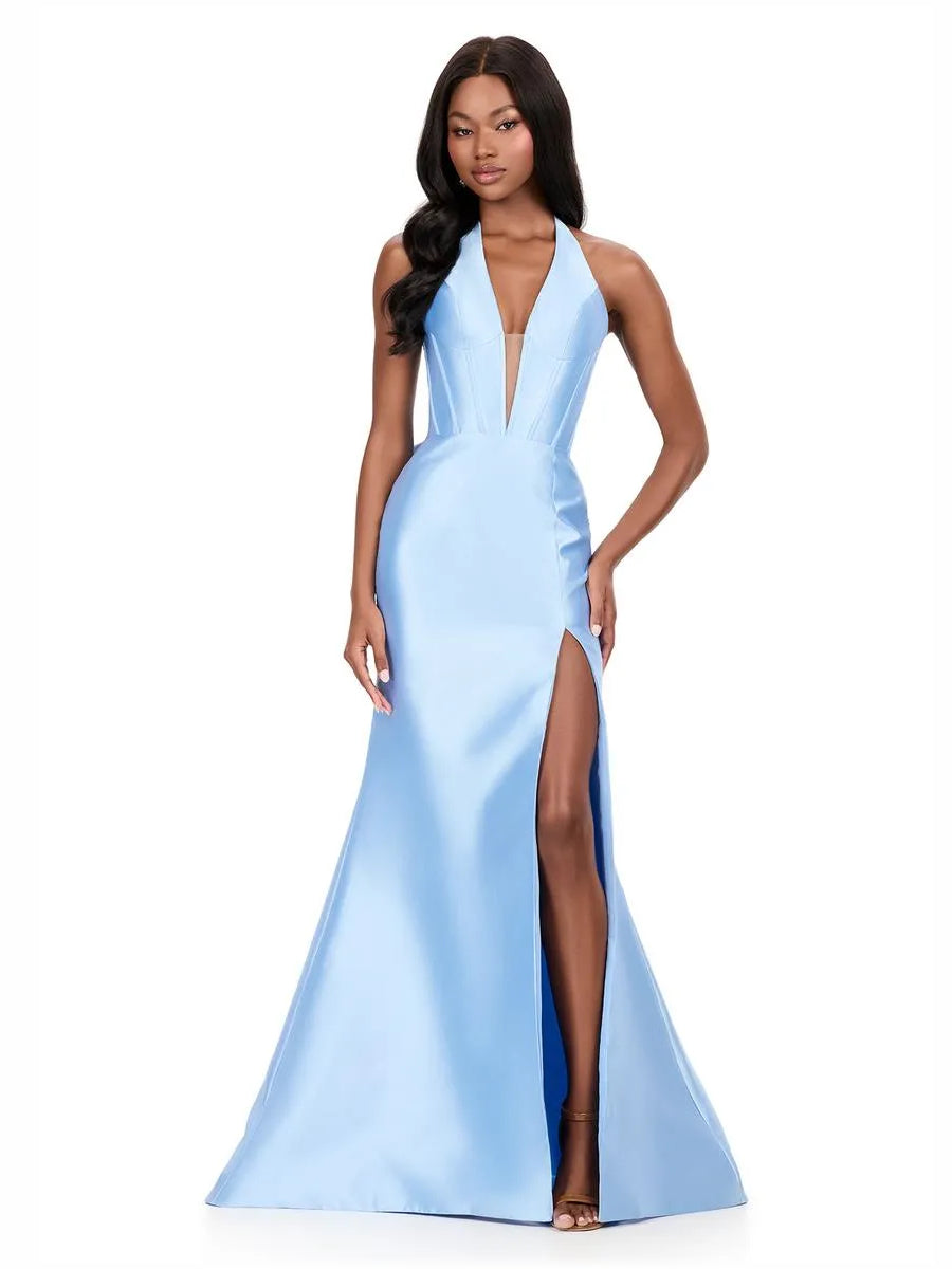 Light blue halter corset V-neck formal dress, floor-length with side slit