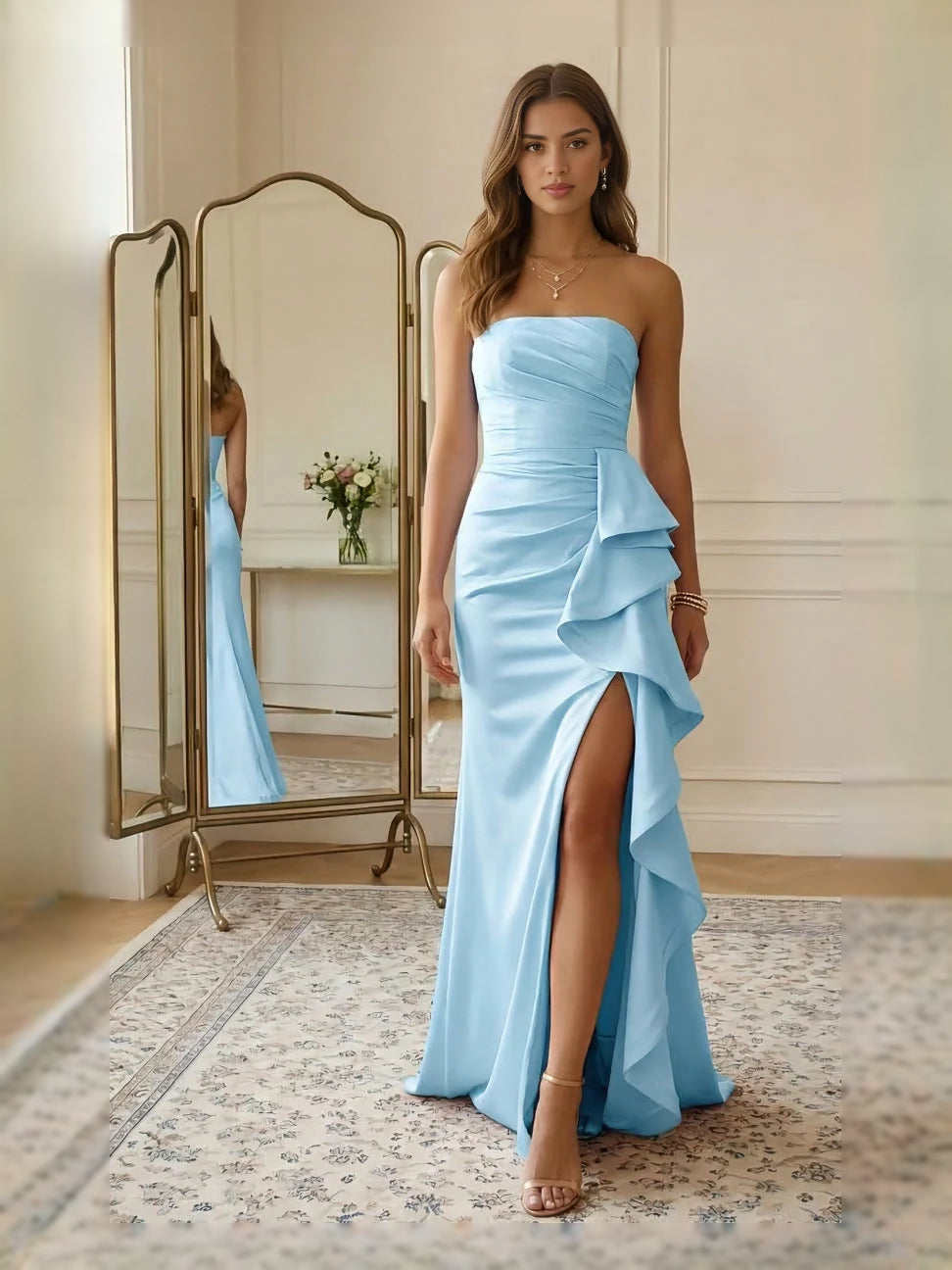 Sky blue strapless satin mermaid prom gown, ruched bust, tiered ruffle front slit