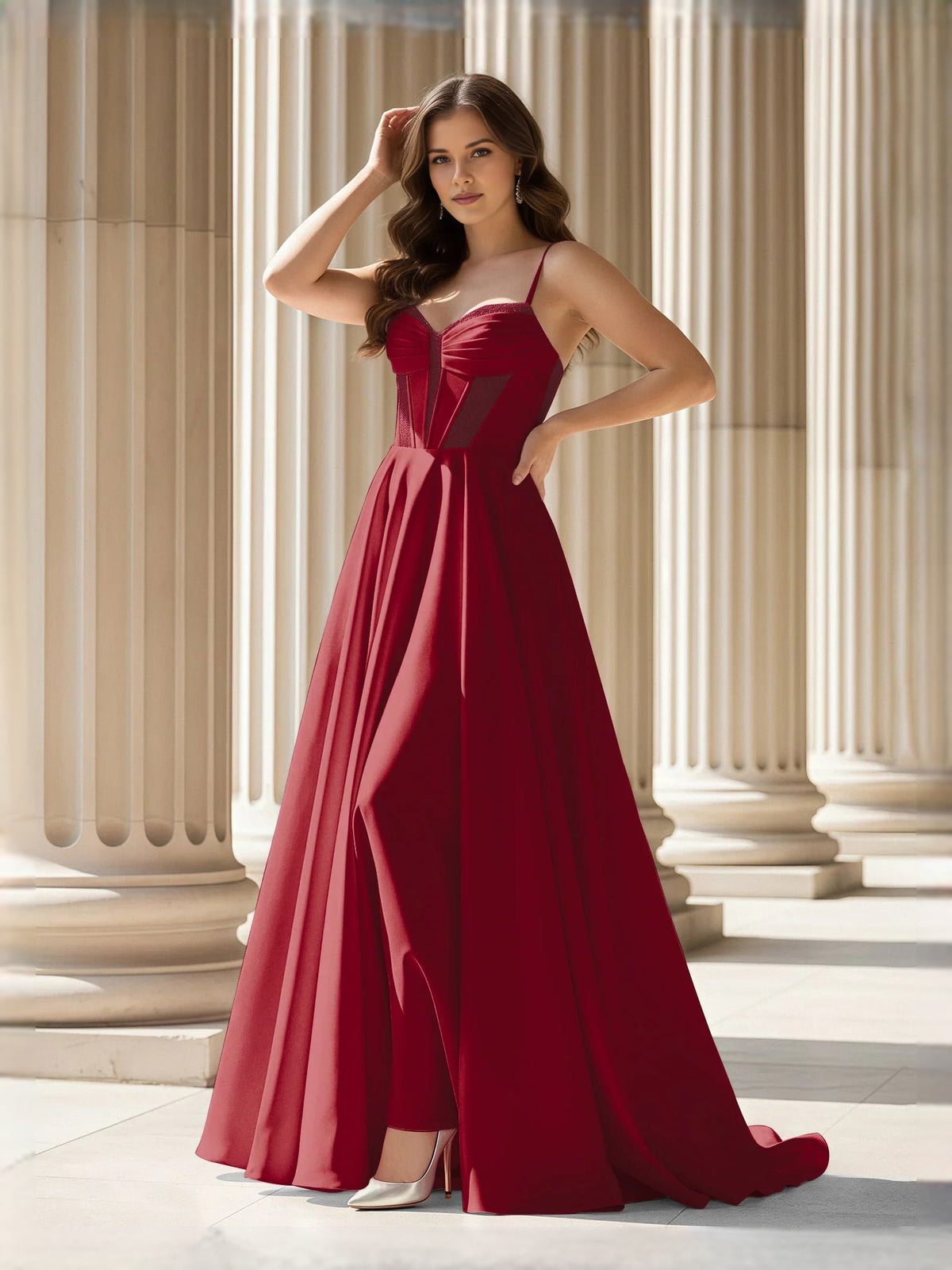 Burgundy sweetheart corset A-line satin prom dress with thin straps, floor-length skirt