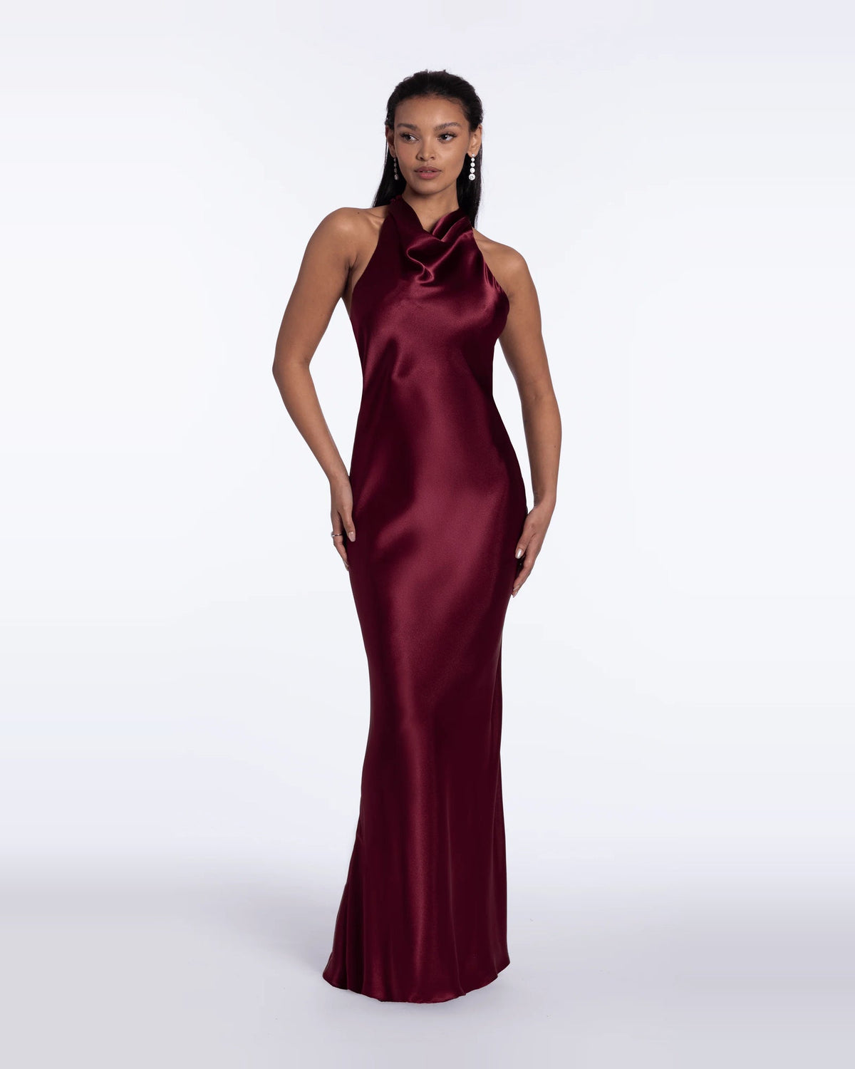 Halter neck column maxi prom dress in burgundy, sleeveless with draped halter neckline.