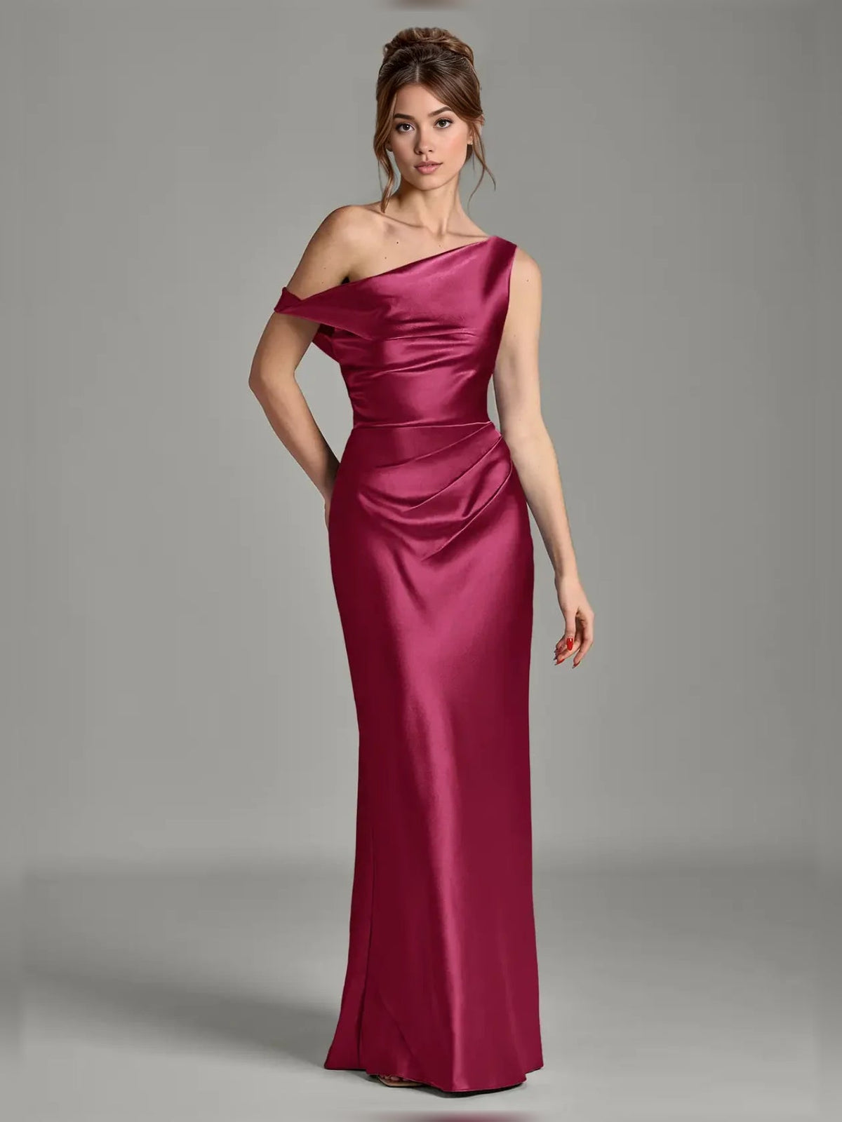 Off-shoulder satin mermaid dress in burgundy, full front view with side drape
