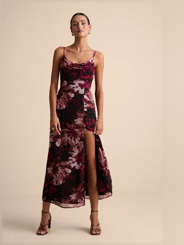 Floral midi formal dress with cowl neckline, spaghetti straps, burgundy print, draped waist
