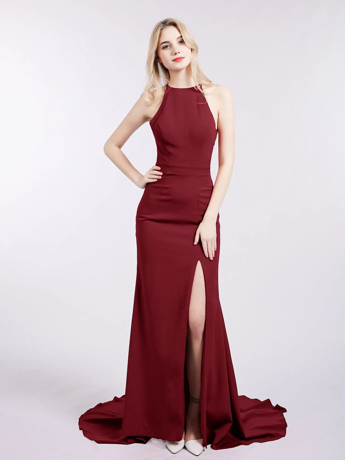 Burgundy satin halter maxi prom dress with front slit and mermaid silhouette