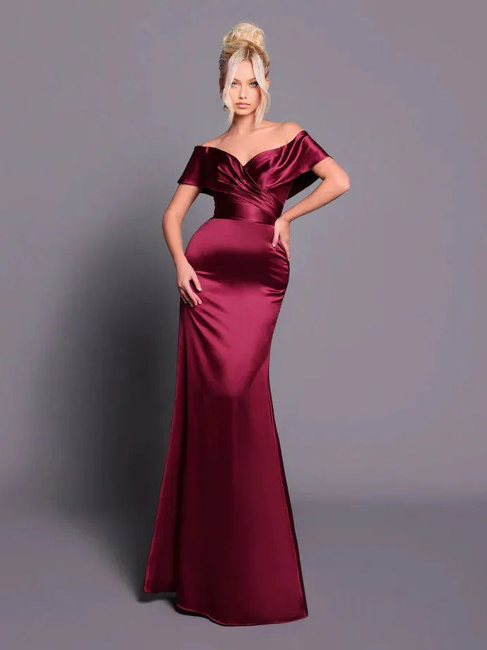Burgundy off-shoulder satin mermaid formal dress, draped neckline, floor length