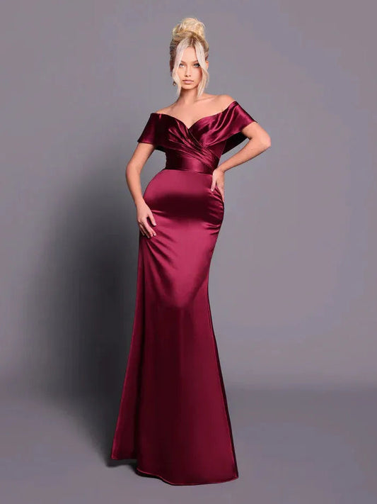 Burgundy off-shoulder satin mermaid formal dress, draped neckline, floor length