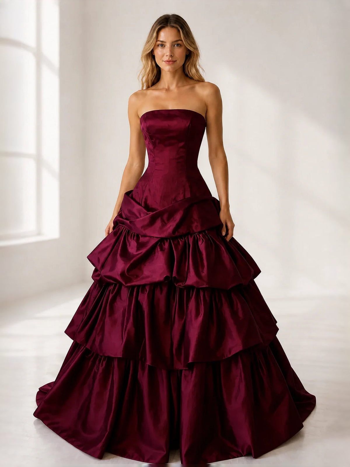 Burgundy satin strapless corset ball gown with tiered ruffle skirt