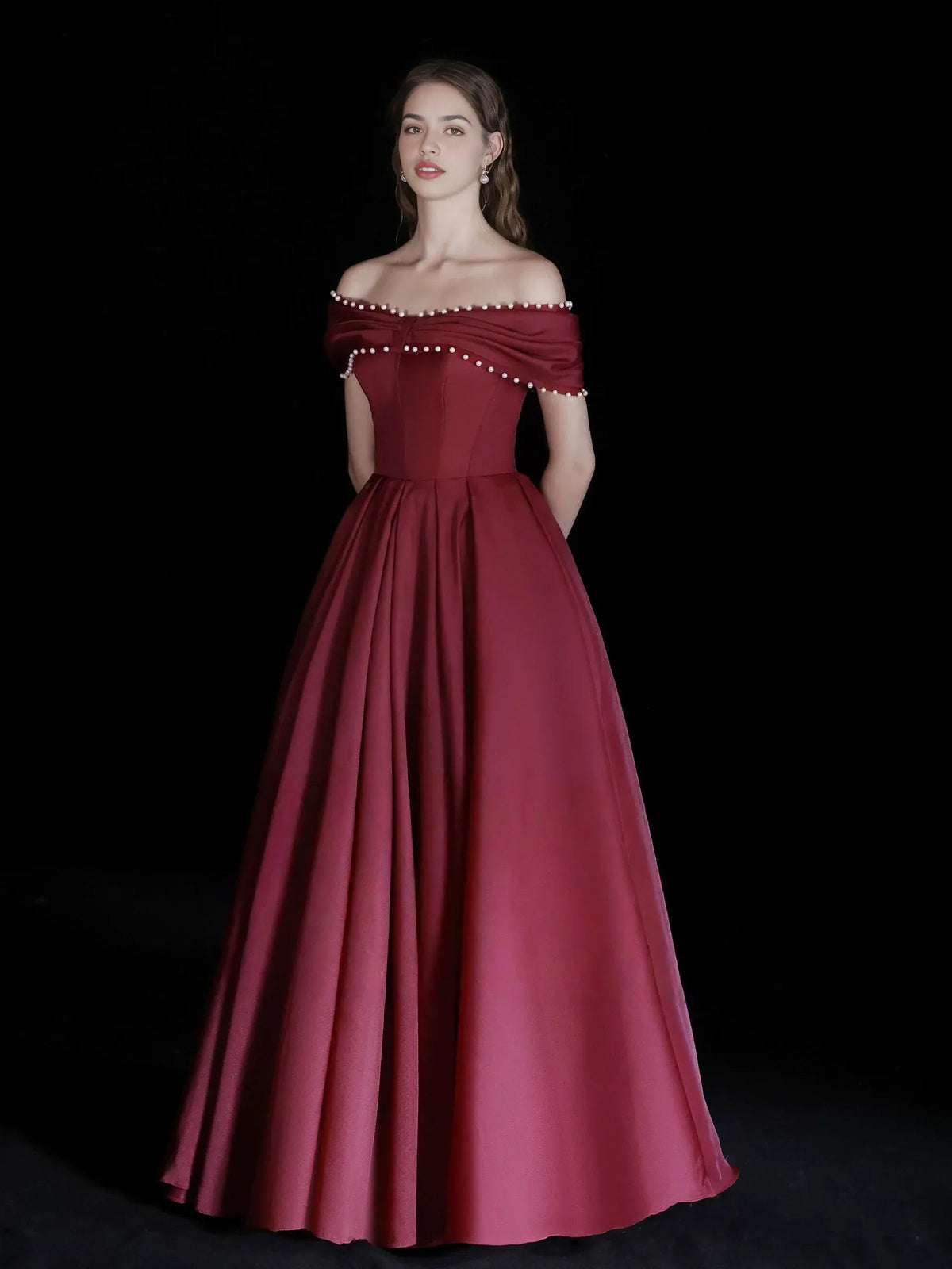Burgundy off-shoulder corset formal dress with beaded neckline and pleated floor skirt