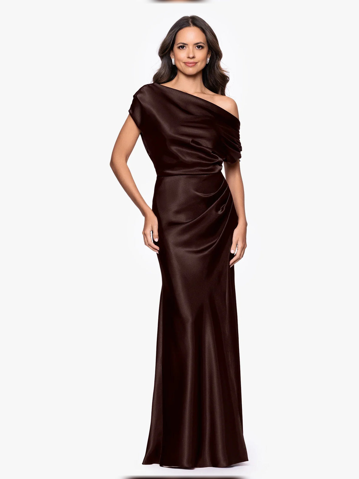 Dark chocolate satin one-shoulder draped mermaid gown, floor-length