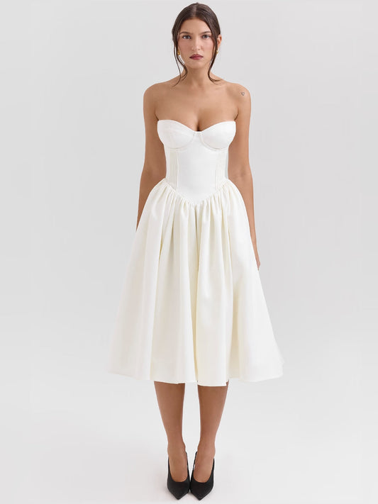 Ivory satin midi dress with strapless sweetheart neckline and pleated midi skirt