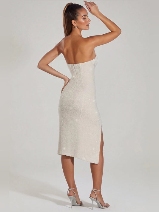 Ivory embellished midi dress with bandeau cowl neckline and front slit hem