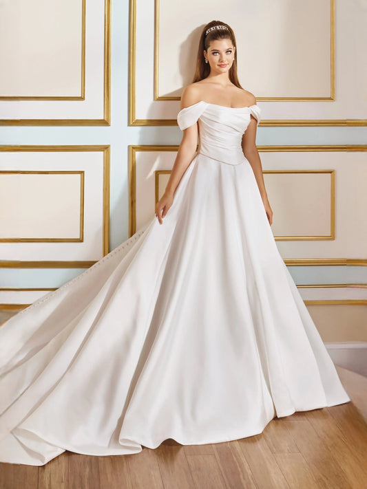 Ivory satin off-shoulder wedding dress with gathered neckline and A-line skirt